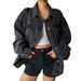Chic Oversized Denim Shacket For Women, Black Casual Blazer Style Open Front Jacket, Winter Layering Essential_ecoleips.com