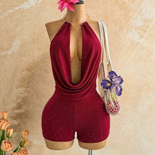 Sultry Red Halter Neck Jumpsuit For Women - Bodycon Stretchy Shorts Romper, Sexy Backless One Piece Outfit For Vacation, Party, Club_ecoleips.com
