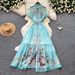 Women's French Style Heavy Duty Collared Dress Summer Long Sleeved Fitted Waist A-Line Skirt Maxi Elegant Gentle Vacation Dress_ecoleips.com