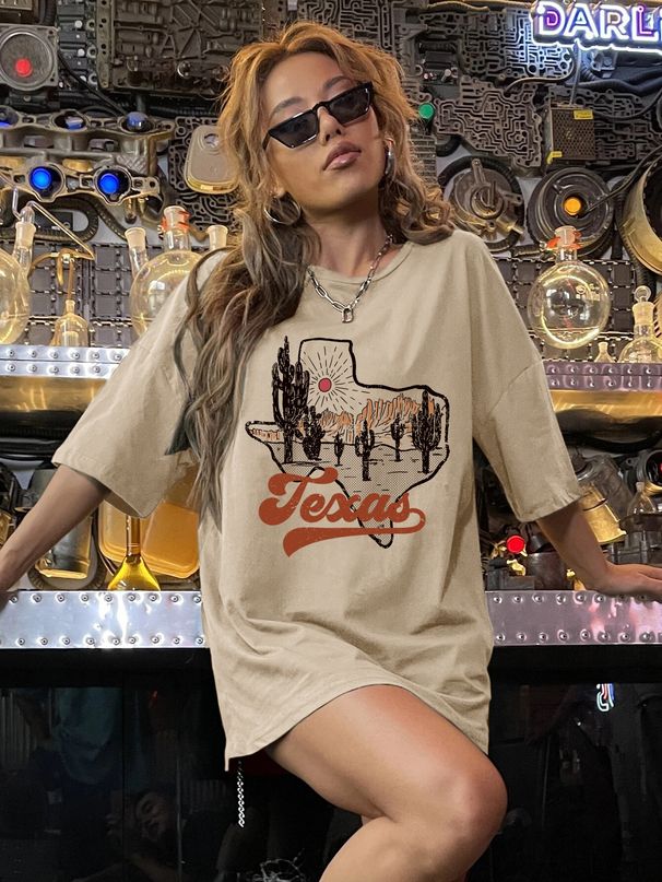 Women's Clothing Women's Khaki Casual T-Shirt Round Neck Short Sleeve Letter And Landscape Print Style Simple Top_ecoleips.com