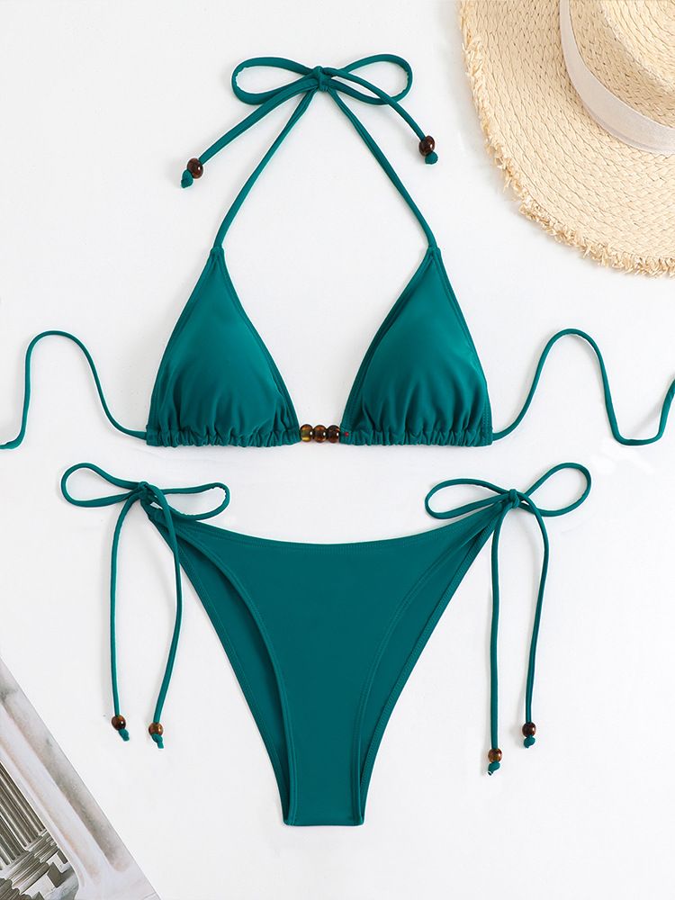 Women's Solid Color Strappy Two-Piece Swimsuit Sexy Playful Fair Skin Brightening Bikini Set_ecoleips.com