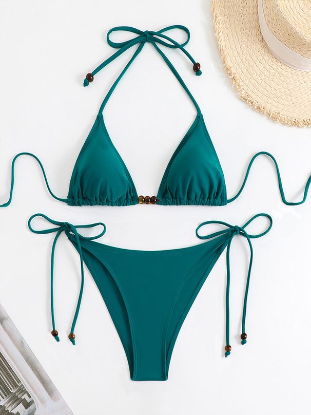 Women's Solid Color Strappy Two-Piece Swimsuit Sexy Playful Fair Skin Brightening Bikini Set_ecoleips.com