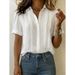 Women's Linen Blend Short Sleeve Shirt, Casual Button Down Shirt With Folded Collar And Relaxed Fit For Summer, Breathable Office Commuter Blouse_ecoleips.com