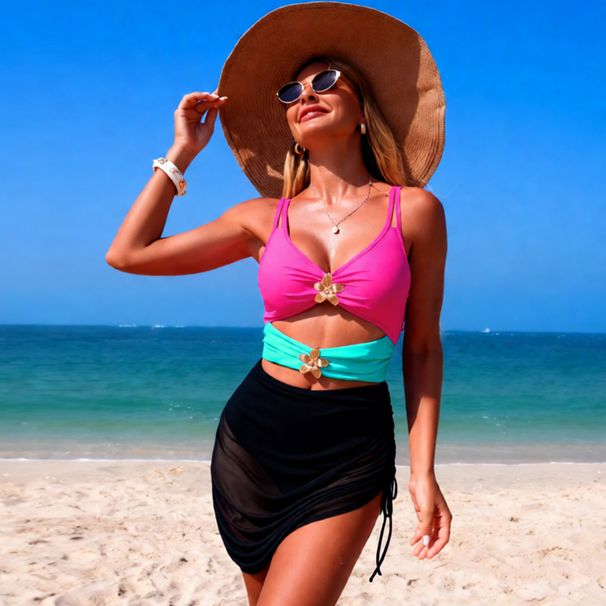 "Sexy Colorblock One-Piece Swimsuit With Sheer Mesh Panels - Tummy Control Monokini With Removable Padding For Women (S-XL) - Beach & Pool Swimwear"_ecoleips.com
