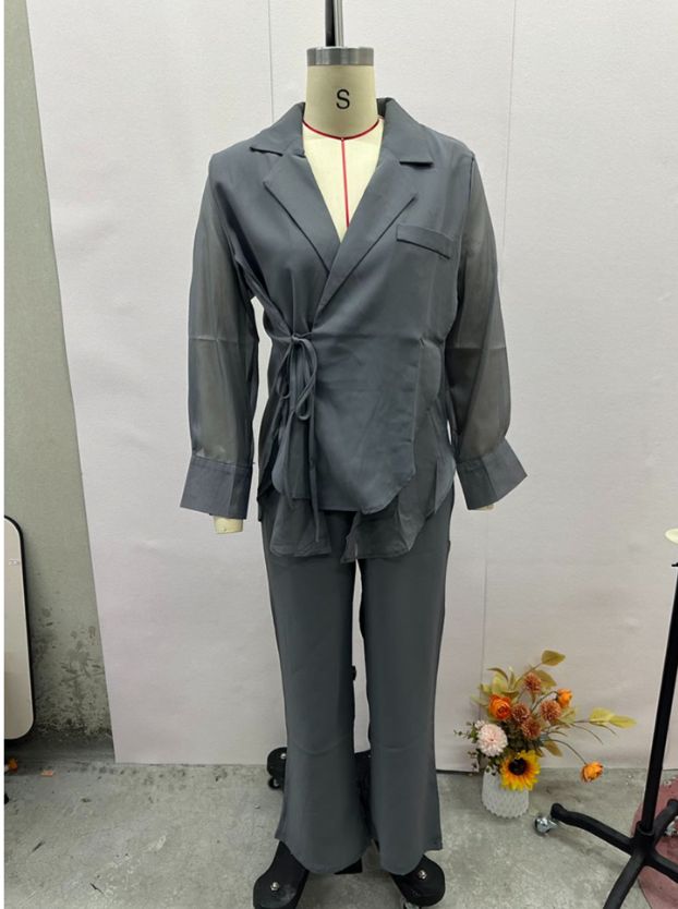Women's Clothing High grade sun proof suit in summer chiffon splicing two piece jacket, high waist wide leg trousers, two piece suit_ecoleips.com