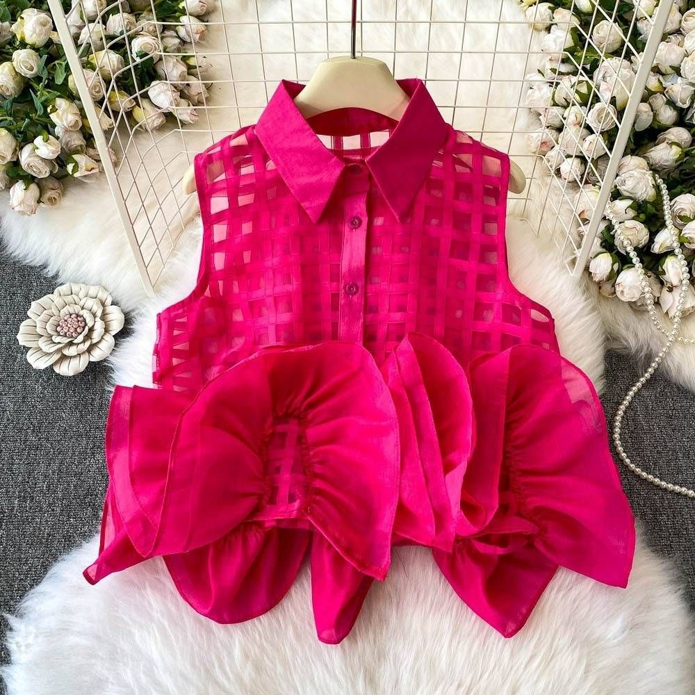 Women's Clothing Fashionable Tops In Summer Temperament Heavy Duty Three Dimensional Flower Bud Stitching Thin Plaid Sleeveless Shirt_ecoleips.com