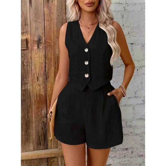 Women's Linen Sleeveless Comfort Plus Size Women's Solid Color Button Vest Shorts Set_ecoleips.com