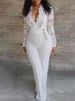 Plus Size Elegant V-Neck Lace Jumpsuit, Long Sleeve Stylish Romper For Women, Casual & Sexy One-Piece Outfit (0XL-5XL, Black & White)_ecoleips.com