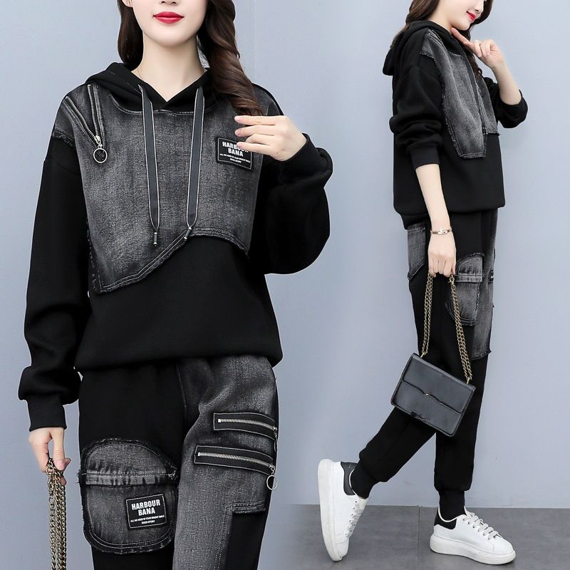 Women's Patchwork Denim Hooded Sweatshirt And Pants Set Spring Autumn New Fashion Two-Piece Trendy Brand_ecoleips.com