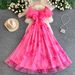 Women's French Style Maxi Dress Gentle Youthful Printed Pleated Square Neck Puff Sleeve Unique Exquisite Mesh Princess Dress_ecoleips.com