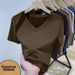 Women's Ribbed Shoulder Short Sleeved T Shirt V Neck Loose Fit Plus Size Summer New Fashion High End Top_ecoleips.com