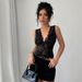 European And American Cross Border 2025 Spring And Summer New Women's Slim Flocking Mesh Black Contrast Lace V Neck Vest Top_ecoleips.com