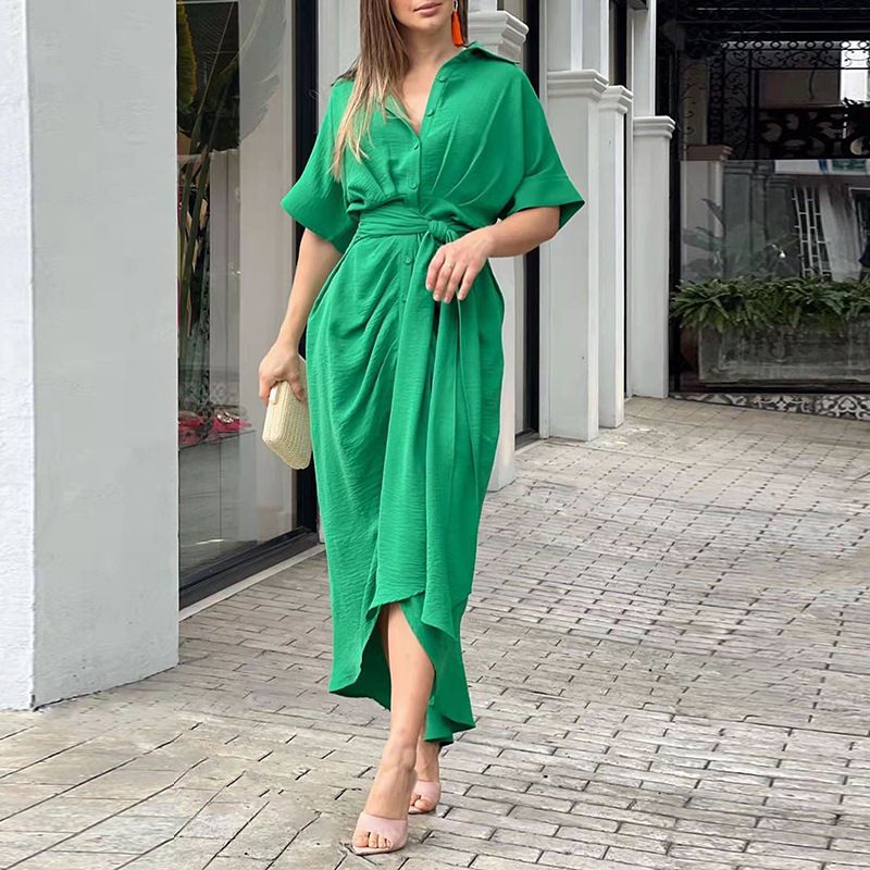 Women's Clothing High Waist Long Shirt Dress Autumn Fashion Printed Lapel Short Sleeve_ecoleips.com