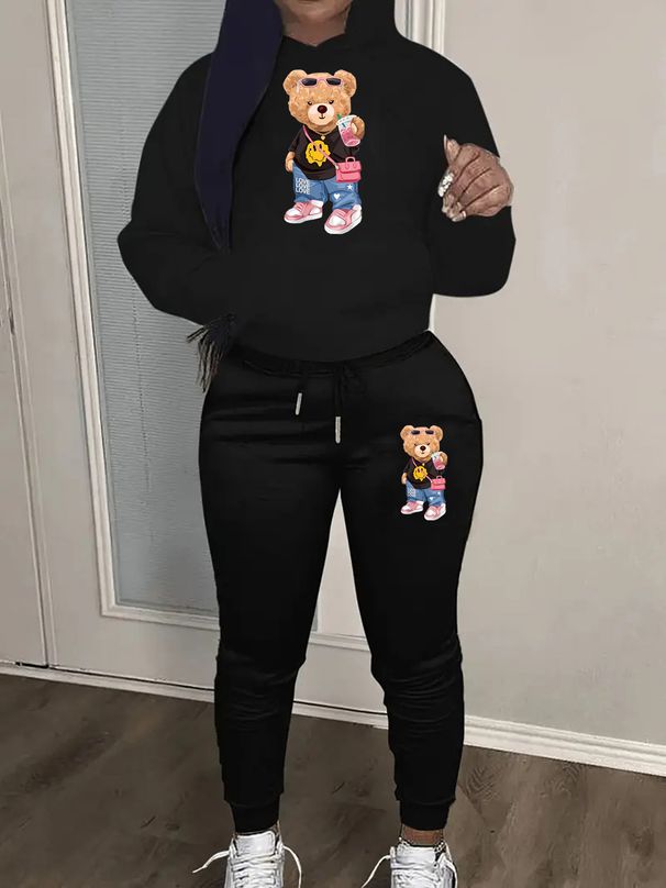 Women's Autumn And Winter Fashionable Casual Cartoon Bear Pattern Printed Thick Velvet Warm Hooded Sweatshirt+sports Pants Set-777_ecoleips.com