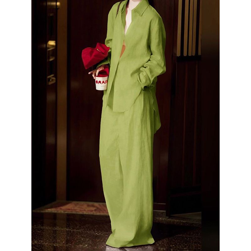 Women's Clothing Women's Lazy Relaxed Two Piece Suit Green Imitation Linen High End Style Wide Leg Pants Shirt Summer_ecoleips.com
