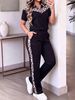 Women's Color Blocked Leopard Print Top with Collar And Short Sleeves Athletic Pocket Pants Set Comfortable Summer Outfit_ecoleips.com