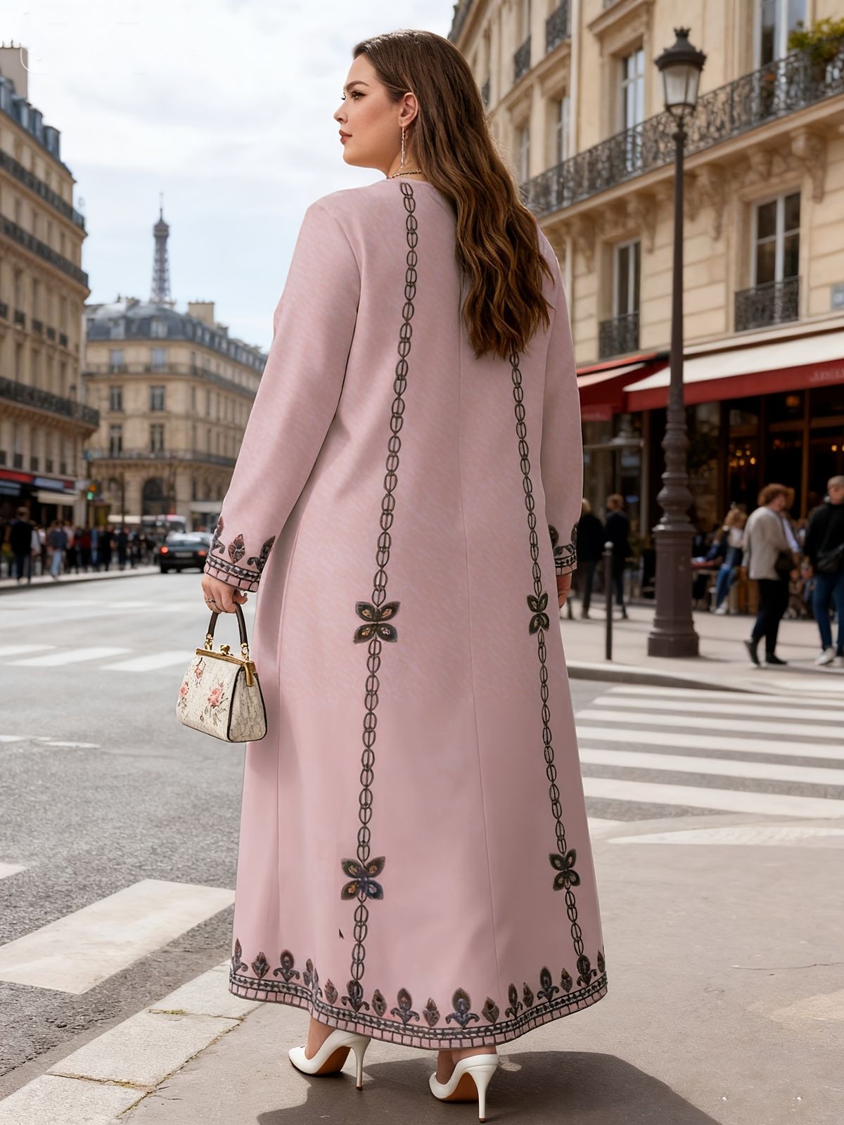 Plus-Size Women's Long-Sleeve Dress, Elegant Middle Eastern Robe Style, Ethnic Print, Loose & Comfortable, Elegant For Commute & Vacation_ecoleips.com