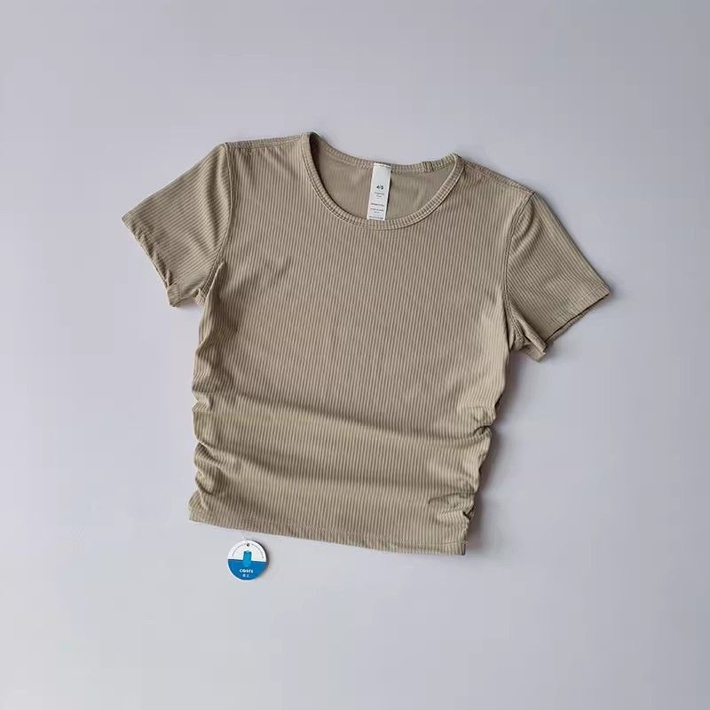 Women's Summer Yoga T-Shirt Ribbed High Elastic Quick Drying Breathable Short Sleeve Fitness Running Top_ecoleips.com