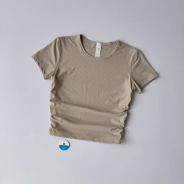 Women's Summer Yoga T-Shirt Ribbed High Elastic Quick Drying Breathable Short Sleeve Fitness Running Top_ecoleips.com