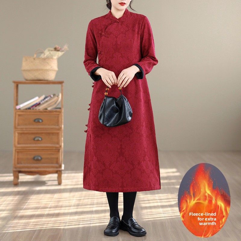 Chinese-style Diagonal-collar Cotton-linen Jacquard Cheongsam Dress For Women, Winter Fleece-lined Thickened Tea Dress,_ecoleips.com
