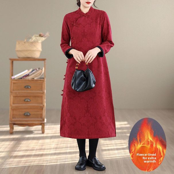 Chinese-style Diagonal-collar Cotton-linen Jacquard Cheongsam Dress For Women, Winter Fleece-lined Thickened Tea Dress,_ecoleips.com