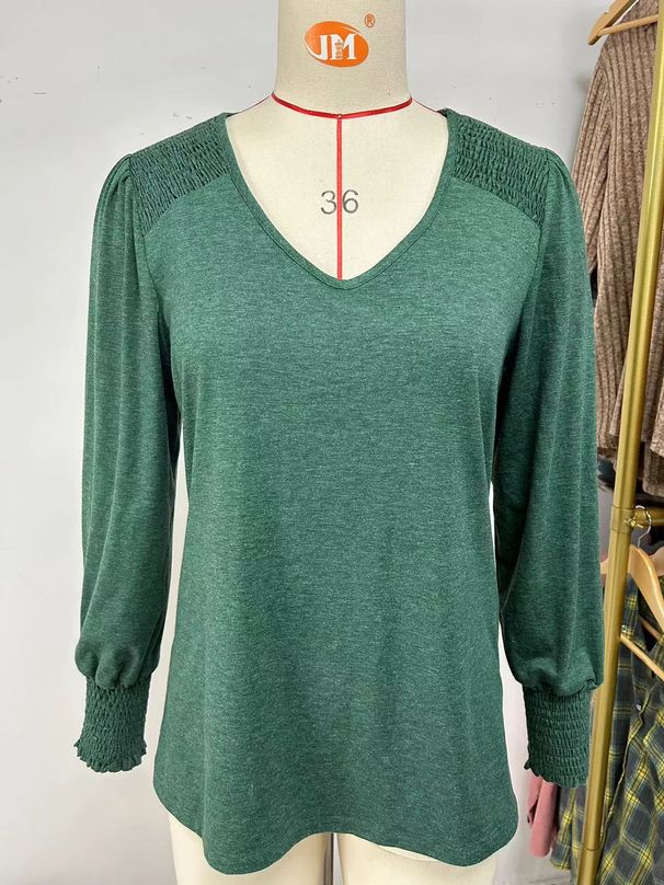 Women's Clothing 2025 Autumn/winter New V-neck Lantern Sleeves Loose Pleated T-shirt Women's Top_ecoleips.com