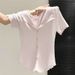 New Style Women's Ruffled Knit T-Shirt V Neck Slim Fit Lace Trim Gentle Top For Summer_ecoleips.com
