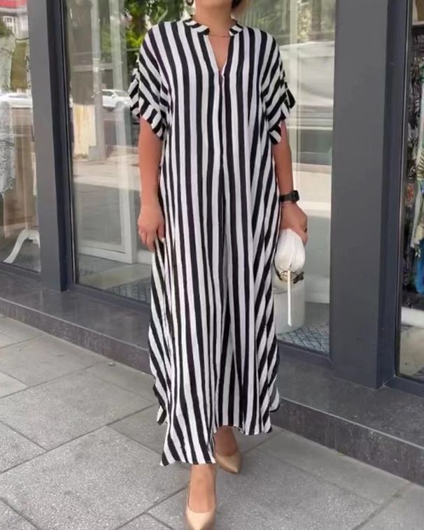 Women's Fashion Striped Cardigan Short Sleeve Dress European American Style Independent Station Side Split_ecoleips.com