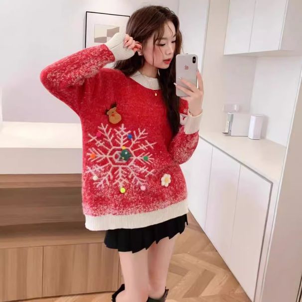 girl Sweater#Red Christmas Knitted Sweater Year Thickened Mid-Length New Outerwear Mink Velvet Lazy Style Inner Wear_ecoleips.com