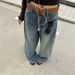 Women's Clothing Trendy Wide Leg Knife Pants Distressed Retro Blue Denim Fleece Lined Loose Curved Fit Street Style Washed Whiskered_ecoleips.com