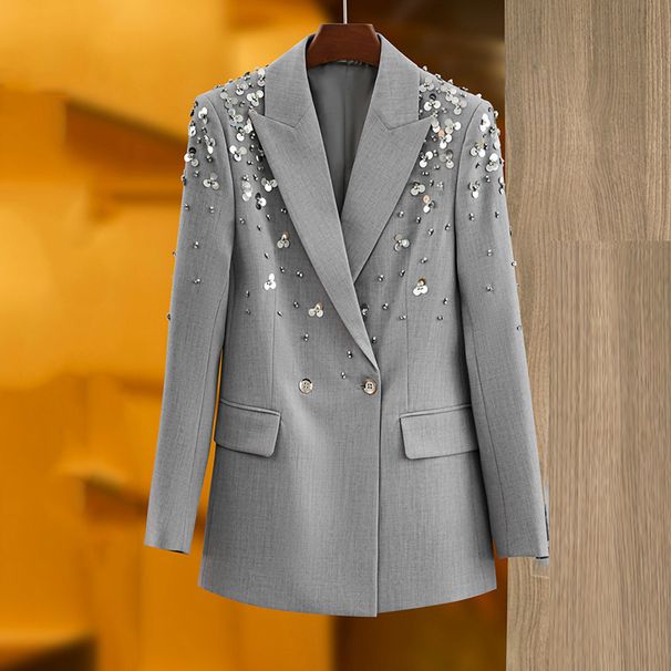 K New Gray Tailored Suit Set With Beaded And Sequin Details For Women's Fashion Short Skirt Two-Piece Set_ecoleips.com