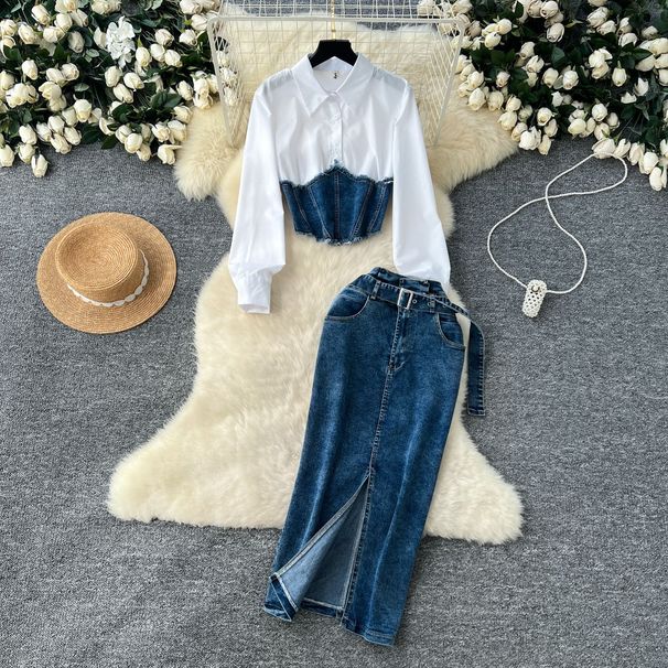 Women’s Clothing Goddess Style Fashion Splicing Two Piece Long Sleeved Shirt Women's Belt Waist Denim Skirt Two Piece Suit_ecoleips.com
