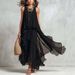 Elegant Black Chiffon Maxi Dress With Asymmetrical Hem, Sleeveless Bohemian Evening Dress For Women, Flowy A-Line Evening Gown_ecoleips.com