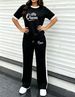 Women's Simple Sport 2-piece Set, Classic Print Colorblock Tee & Stretch Knit Side-stripe Drawstring Wide Leg Pants For Spring Summer Commute & Gym_ecoleips.com