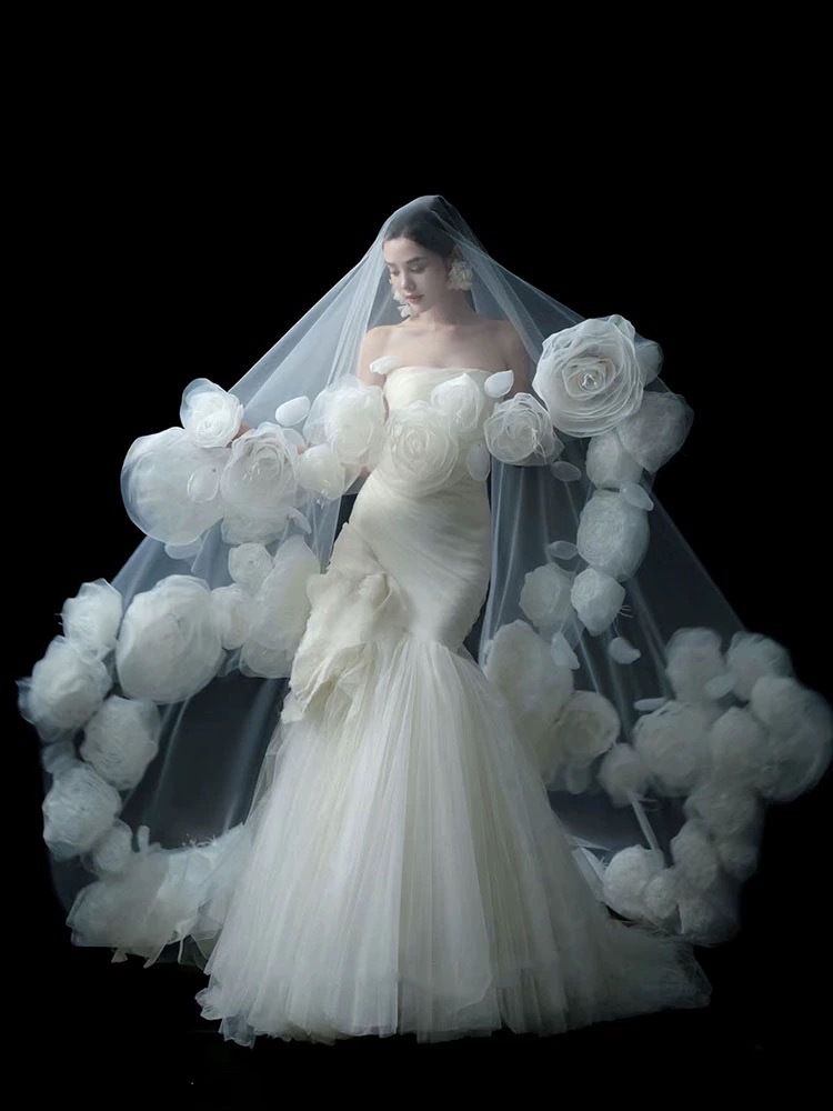 Rose Flower Long Veil Romantic Bride Shape Main Wedding Dress Accessory Hair Headdress for Photo Studio Travel Photography_ecoleips.com