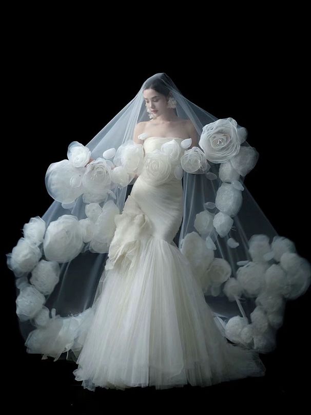 Rose Flower Long Veil Romantic Bride Shape Main Wedding Dress Accessory Hair Headdress for Photo Studio Travel Photography_ecoleips.com