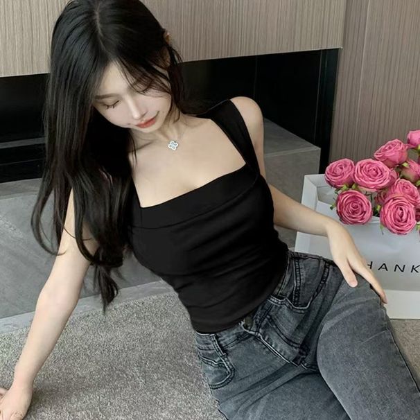 Popular Summer Wide-shoulder, Right-angle Shoulder, Double-layered One-shoulder Camisole With Chest Pads, Versatile And_ecoleips.com