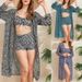 Women's High Waist Bikini Set With Cover-Up – Push-Up Ruffled Swimwear Trio In Khaki/Slate Gray/Peacock Blue_ecoleips.com