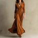 Elegant Button-Down Midi Dress With Notched Collar & 3/4 Sleeves – High Waist Flowy A-Line Skirt – Solid Brown (S-Xxl)_ecoleips.com
