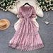 French Style Gentle A-Line Long Dress Korean Summer Elegant Waist Cinching Short Sleeved Lace Trimmed Women's Clothing_ecoleips.com