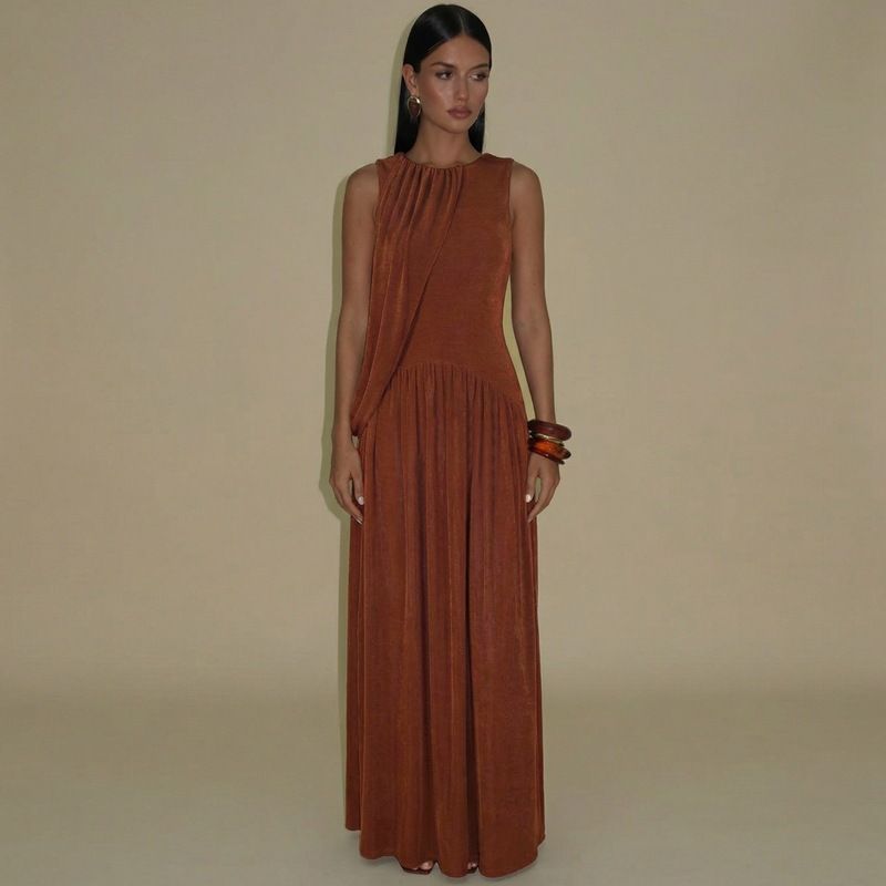 European American Best-Selling Women's Clothing 2026 Spring New Fashionable And Unique Slim-Fit Pleated Round-Neck_ecoleips.com