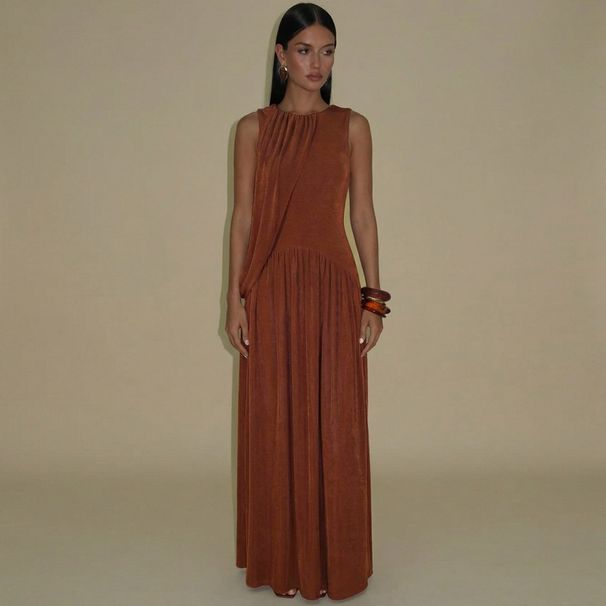 European American Best-Selling Women's Clothing 2026 Spring New Fashionable And Unique Slim-Fit Pleated Round-Neck_ecoleips.com