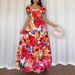 Retro Floral Patchwork Maxi Dress – Elegant Square Neckline, Short Sleeve French Style Dress, Vintage-Inspired Polyester Blend_ecoleips.com