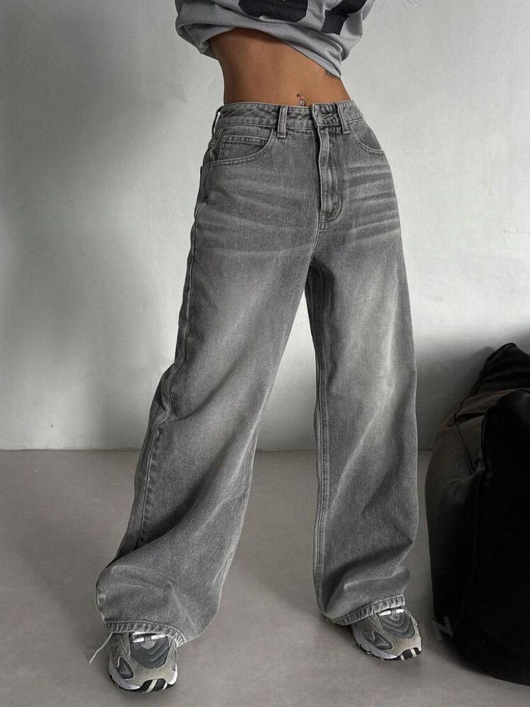 Women's Clothing Retro Smoky Gray Washed Wide Leg Jeans High Waist Loose Wide Leg Mopping Pants_ecoleips.com