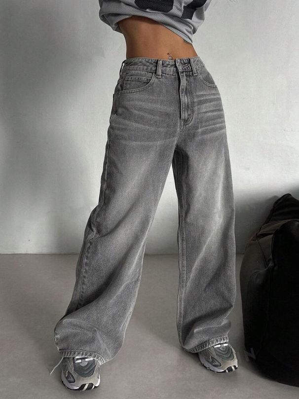 Women's Clothing Retro Smoky Gray Washed Wide Leg Jeans High Waist Loose Wide Leg Mopping Pants_ecoleips.com