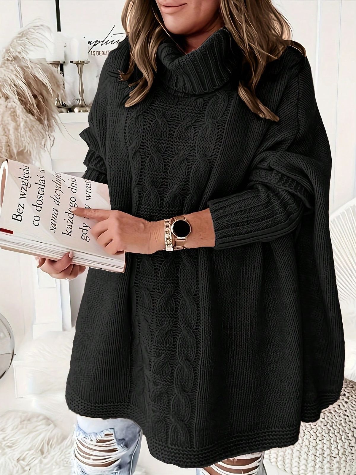 Oversized Batwing Sleeve Knit Top – Plus Size Women’s Tunic Sweater With Shawl Collar_ecoleips.com