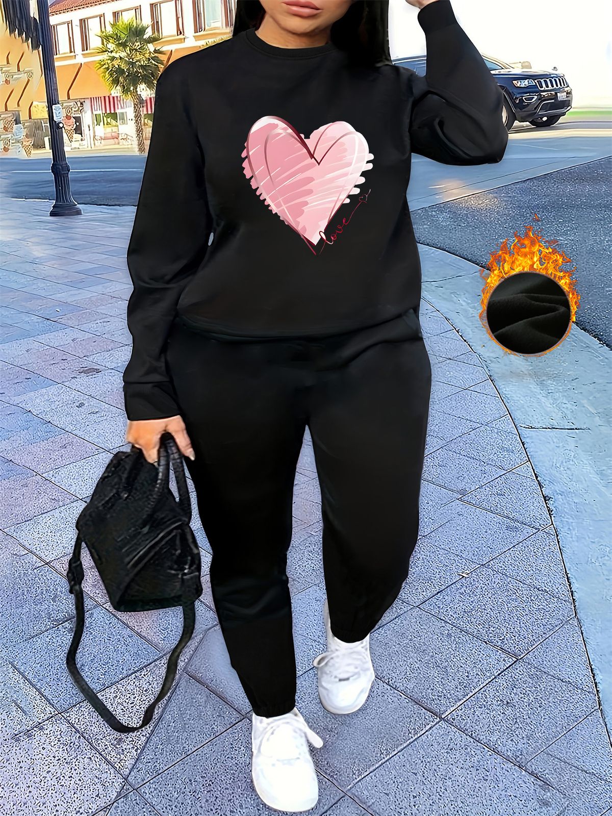 Women's Autumn And Winter Hip-hop Casual Street Heart-shaped Printed Round Neck Sports Shirt+sports Pants Set-496_ecoleips.com
