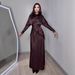 Women's Round Neck Satin Dress With Waist Cinching Long Sleeve Heavy Beaded Two Piece Autumn_ecoleips.com