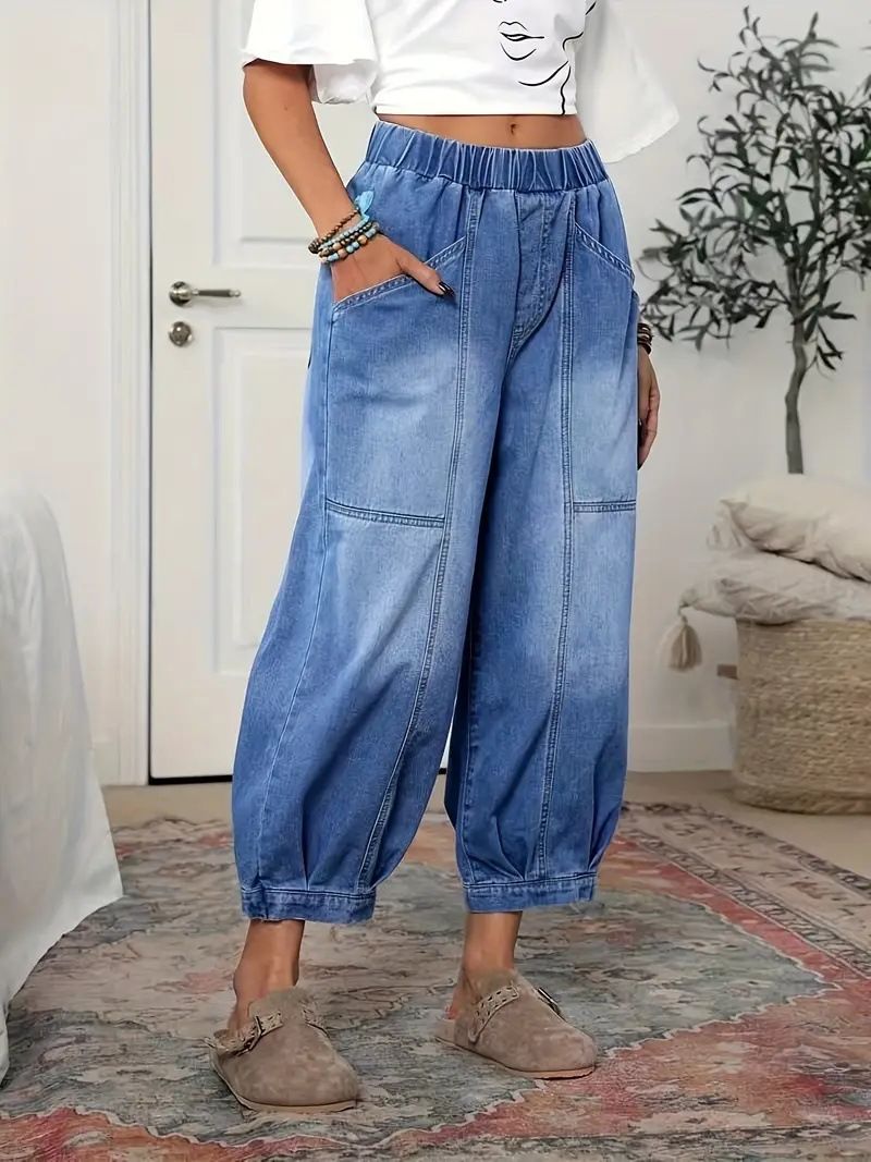 Elegant Casual High Waist Wide Leg Pants For Women Retro Style Denim With Elastic Waistband Lengthening Effect Plus Size_ecoleips.com