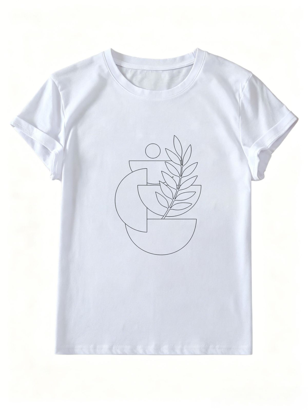 Summer Ladies Fashion Boho Abstract Geometry Plant Outline Graphic Short Sleeve Crew Neck Casual Top_ecoleips.com